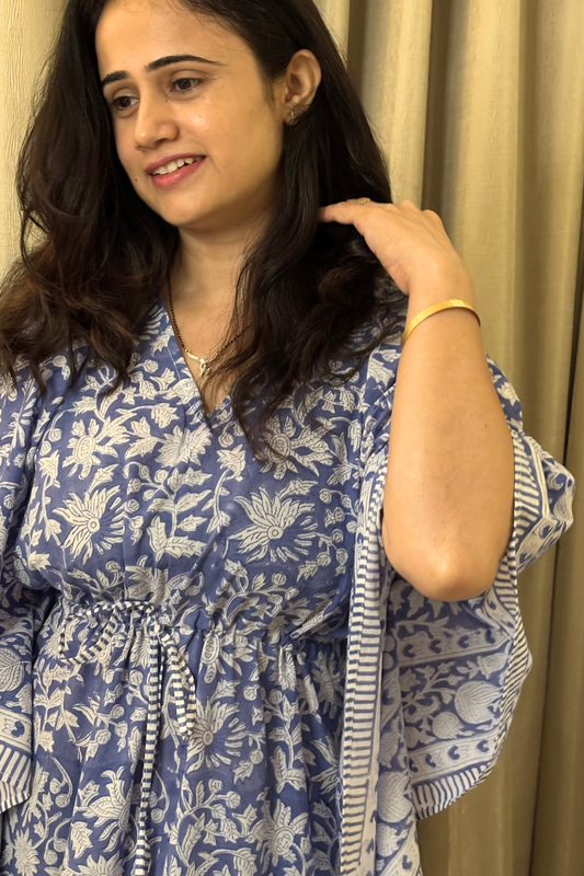 Blue Floral Hand Block Printed Full Length Kaftan