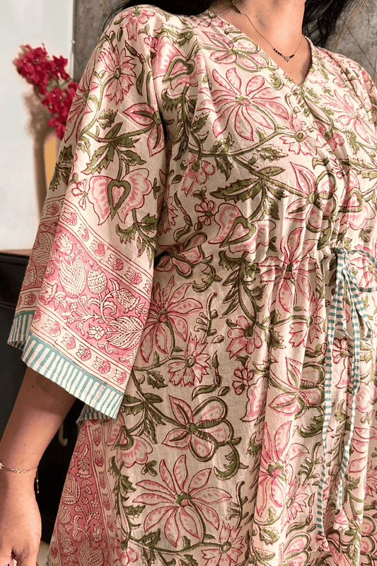 Pink Floral Hand Block Printed Full Length Kaftan