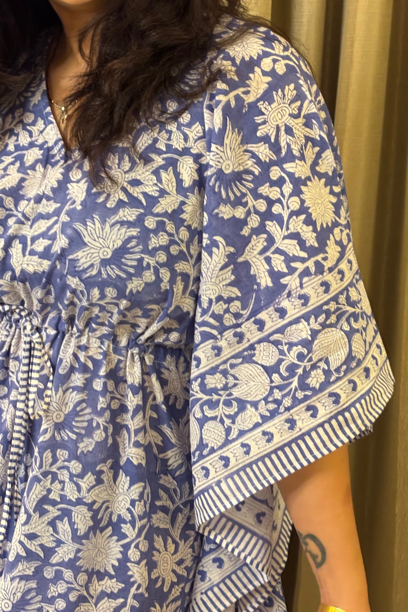 Blue Floral Hand Block Printed Full Length Kaftan