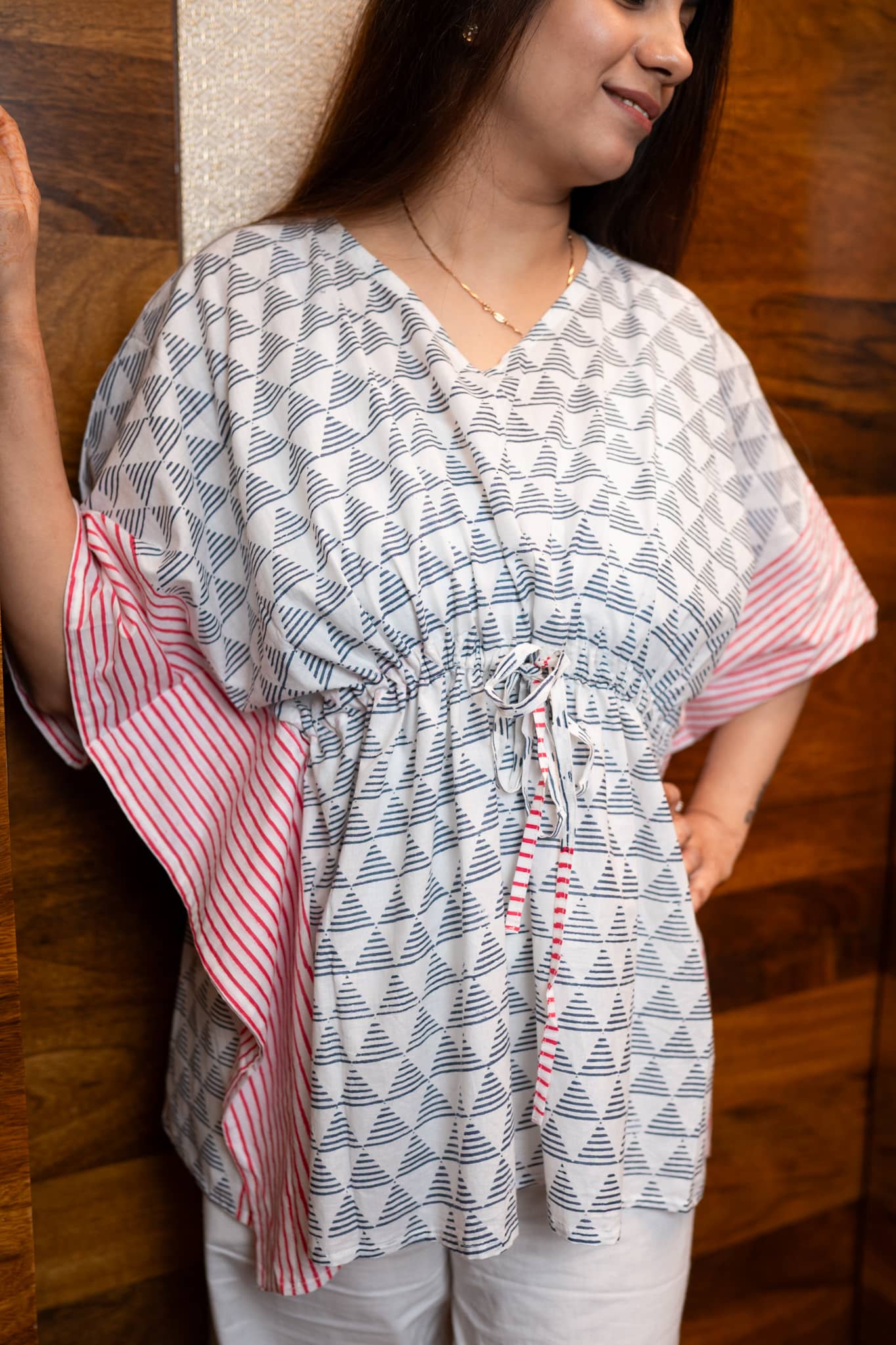 Pink Blue Geometric Striped Kaftan Set