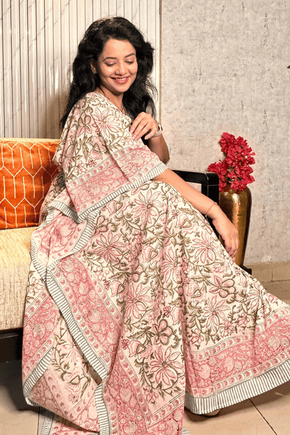 Pink Floral Hand Block Printed Full Length Kaftan