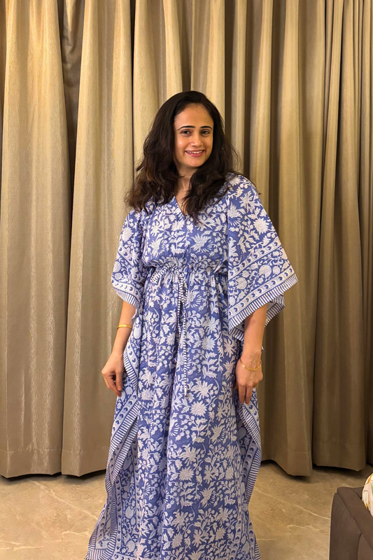 Blue Floral Hand Block Printed Full Length Kaftan