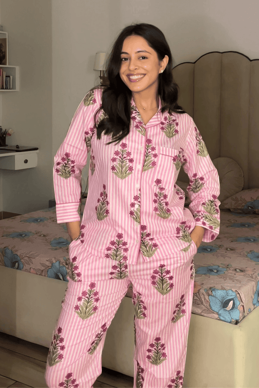 'Guldasta' Hand Screen Printed Collared Pajama Set