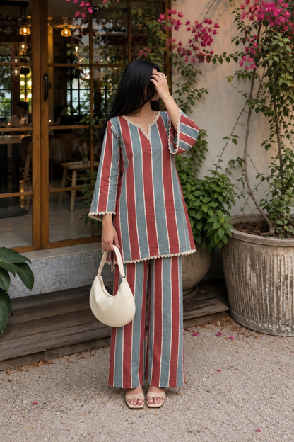 [Restock in 2 Weeks] Cherry Soda Stripes Hand Block Printed Co-ord Set