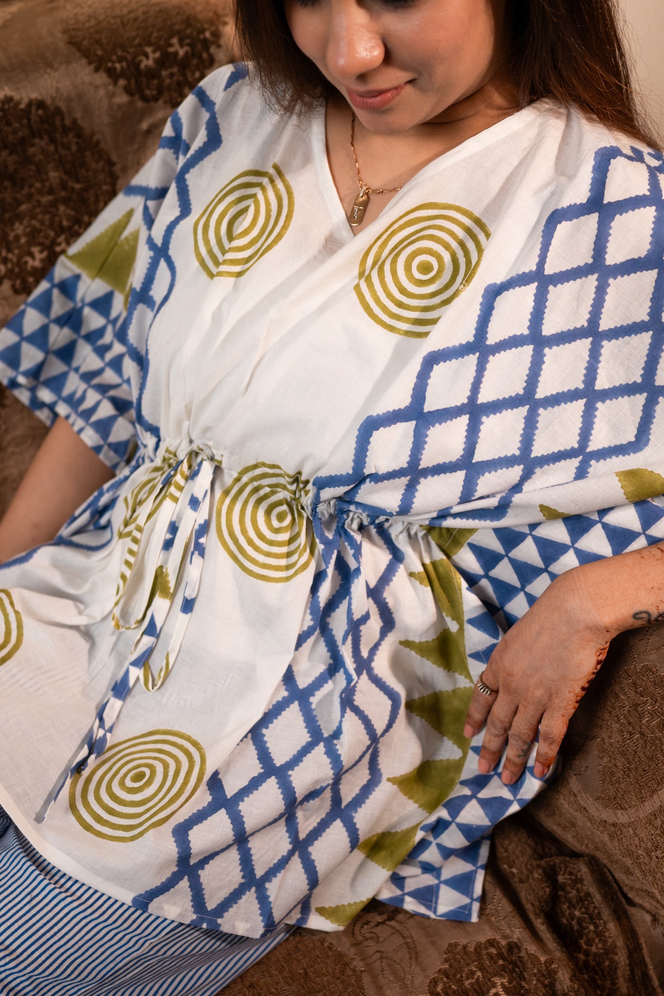 Blue Green Geometric Kaftan Set