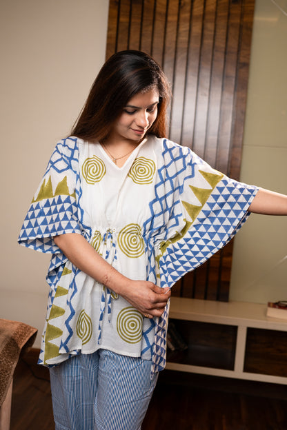 Blue Green Geometric Kaftan Set