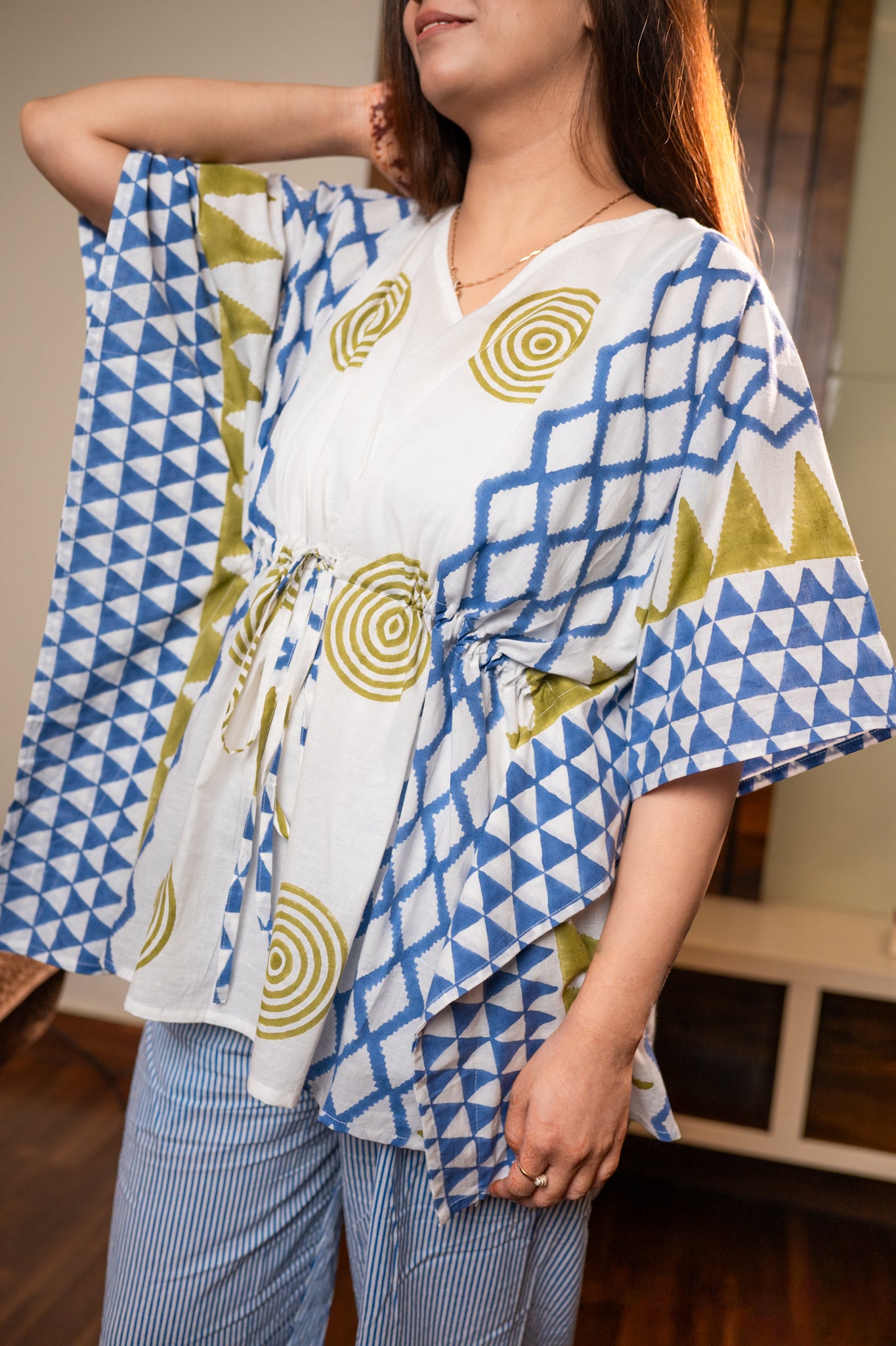 Blue Green Geometric Kaftan Set