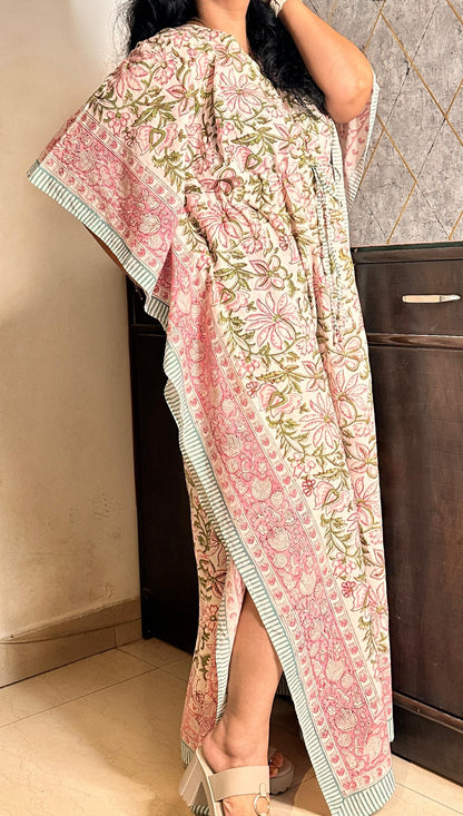 Pink Floral Hand Block Printed Full Length Kaftan