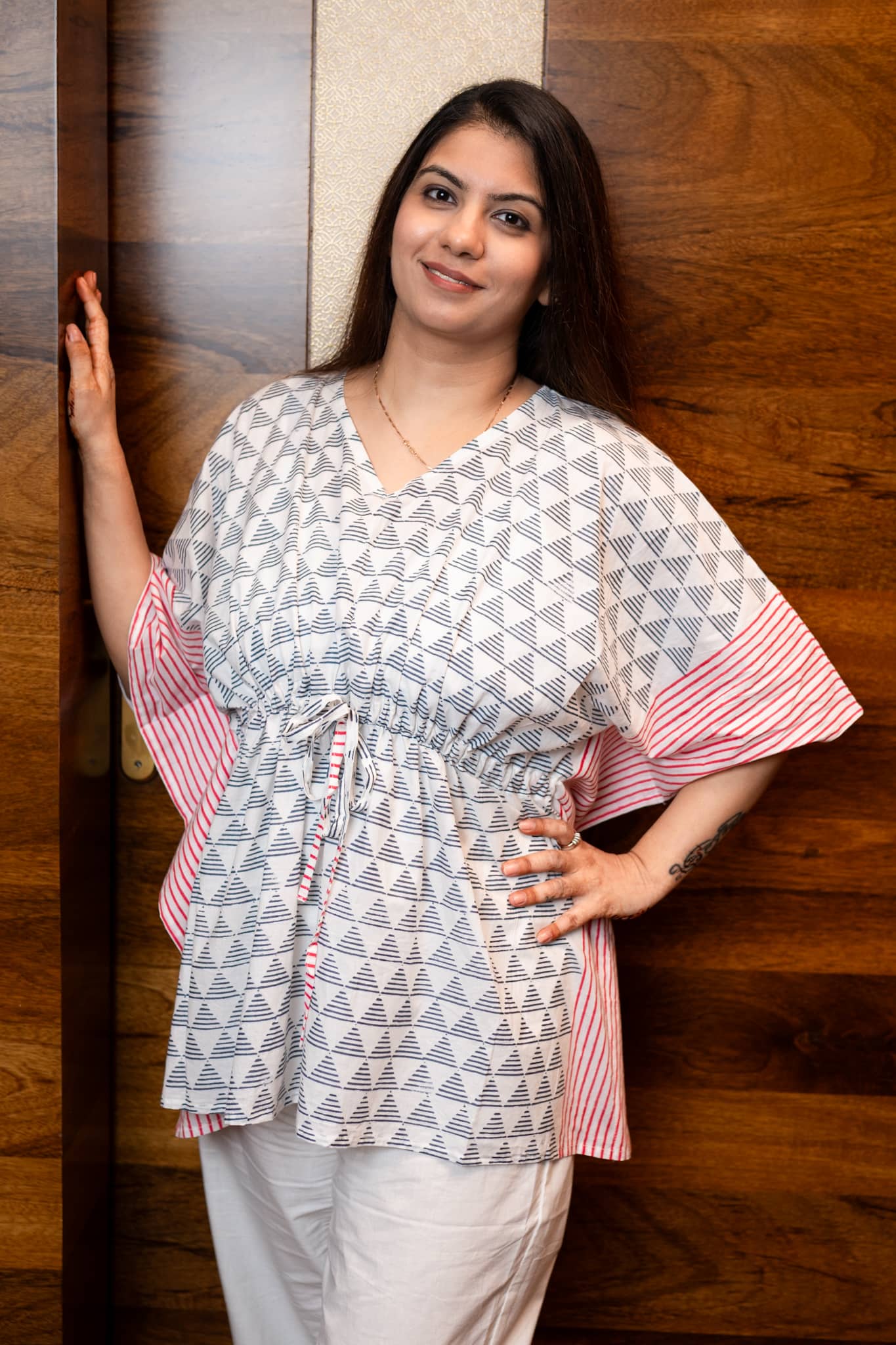 Pink Blue Geometric Striped Kaftan Set