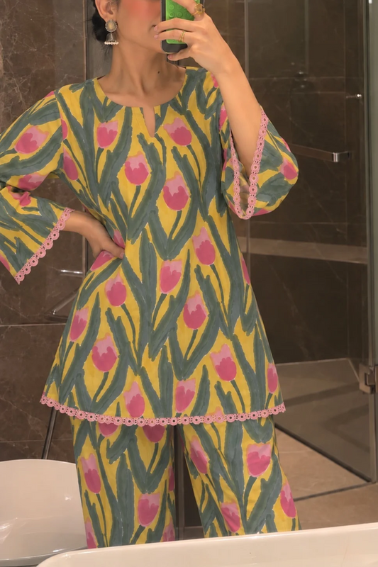 Sunlit Tulip Hand Block Printed Co-ord Set
